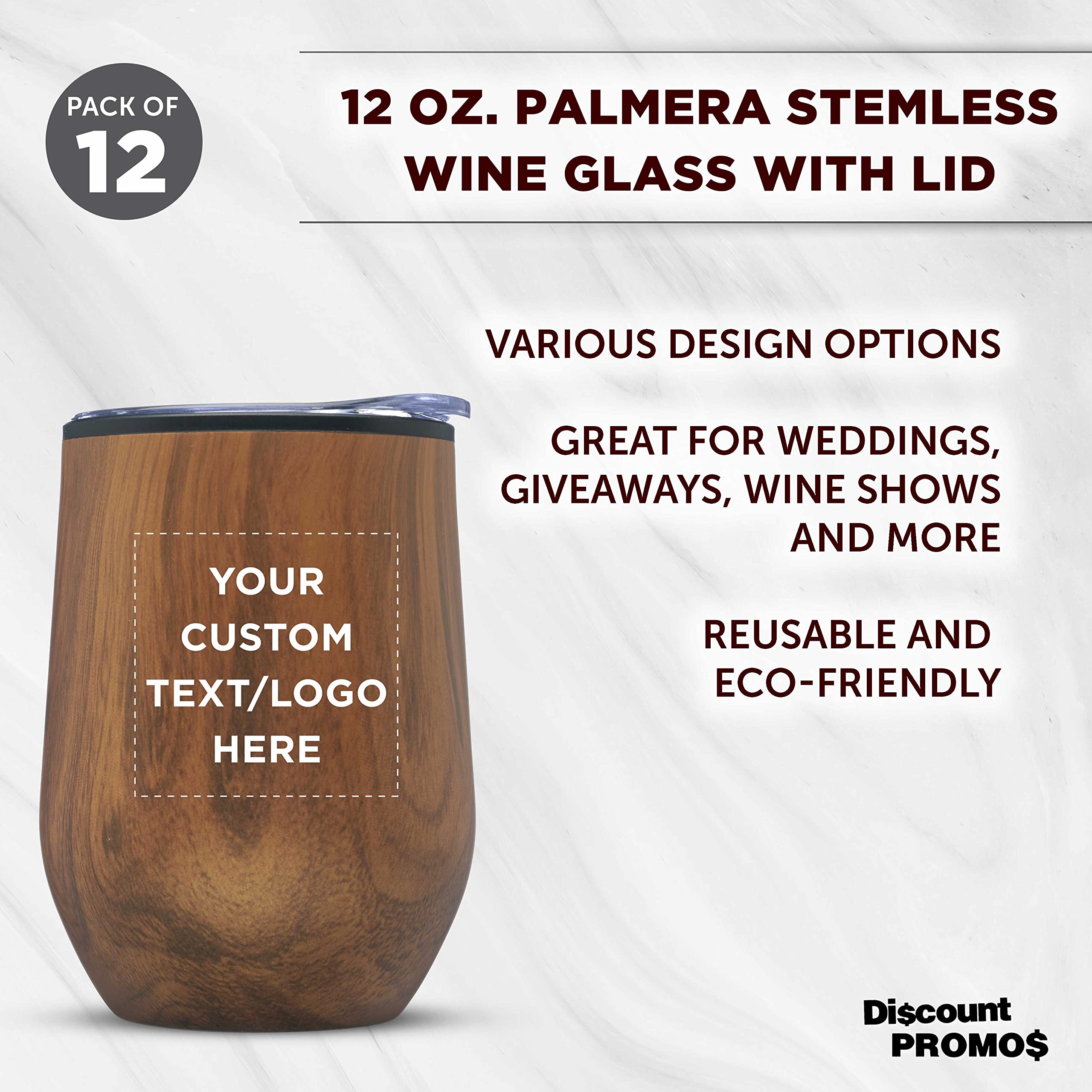 12-Pack Personalized Palmera Stemless Wine Tumblers with Lids - 12oz Insulated Glasses for Wine, Cocktails & Beverages | Custom Wood Design for Parties, Weddings & Home Entertaining