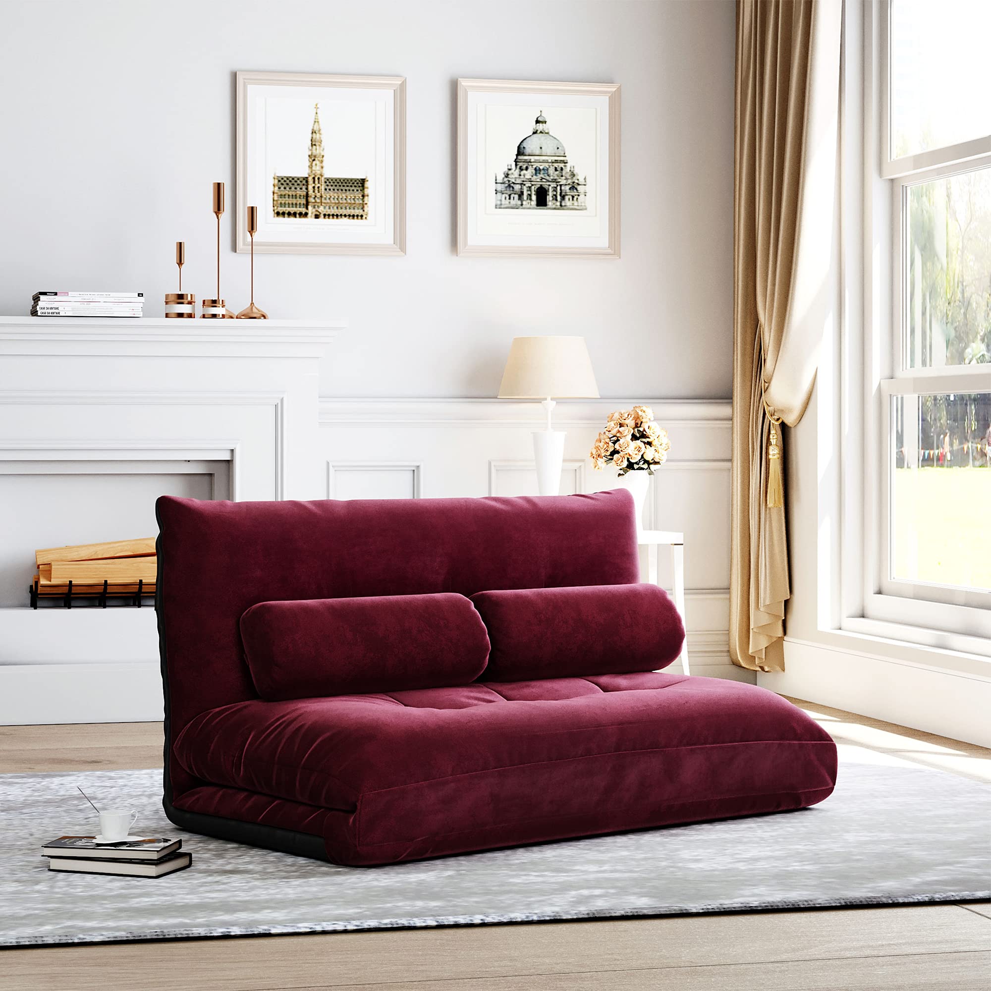 Foldable Lazy Sofa Bed - Adjustable 5-Position Floor Sofa Couch with 2 Pillows, Convertible Futon Sleeper for Small Spaces - Perfect for Bedroom, Living Room, Apartment & Balcony (Burgundy Red) | Great for Lounging, Napping & Guest Sleeping