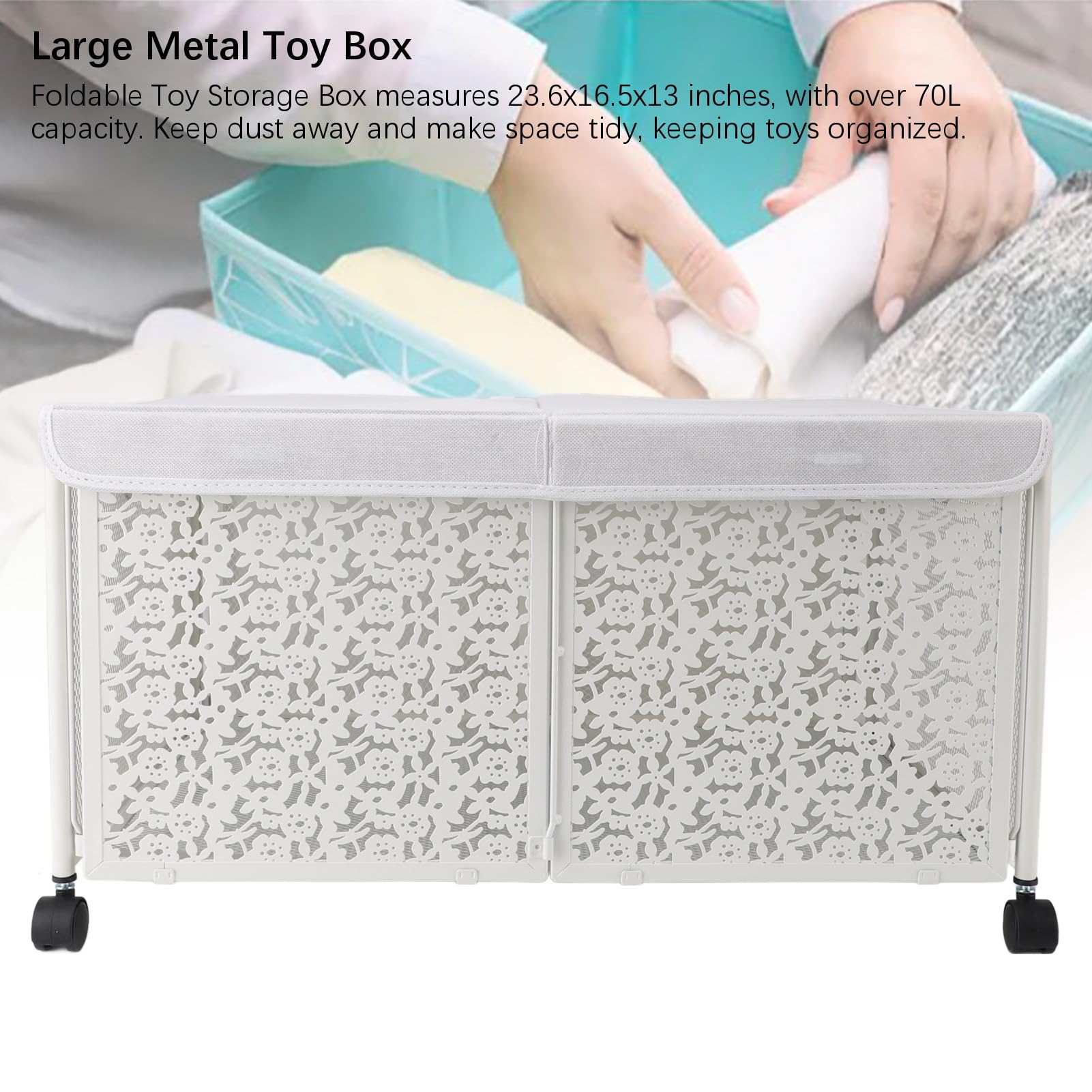 Foldable Toy Storage Box 70L Large Capacity - Dustproof Portable Metal Toy Organizer for Kids Playroom, Nursery, Living Room & Bedroom - Ideal for Organizing Toys, Books & Clothes (White)