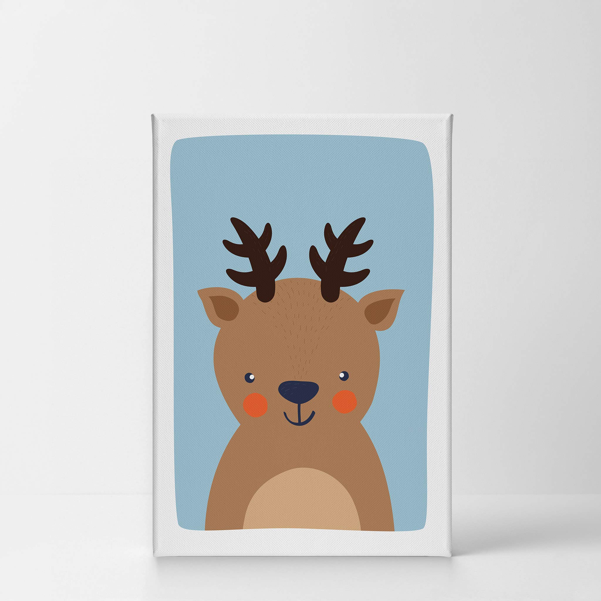 Cute Deer Blue Background Canvas Print - Smile Art Design Nursery Wall Art for Kids Room, Baby Room Decor, Ready to Hang 22x15 - Perfect for Nursery, Playroom & Children's Bedroom Decor - Made in USA