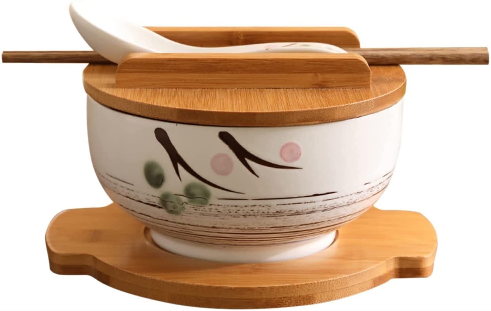 Vintage Japanese Ceramic Soup Bowl 1000ML with Lid, Spoon, Chopsticks & Placemat - Large Noodle Bowl for Ramen, Udon, Pho, Cereal, Salad & Rice - Microwave & Dishwasher Safe (White) - Perfect for Home Dining, Office Lunch & Camping Meals