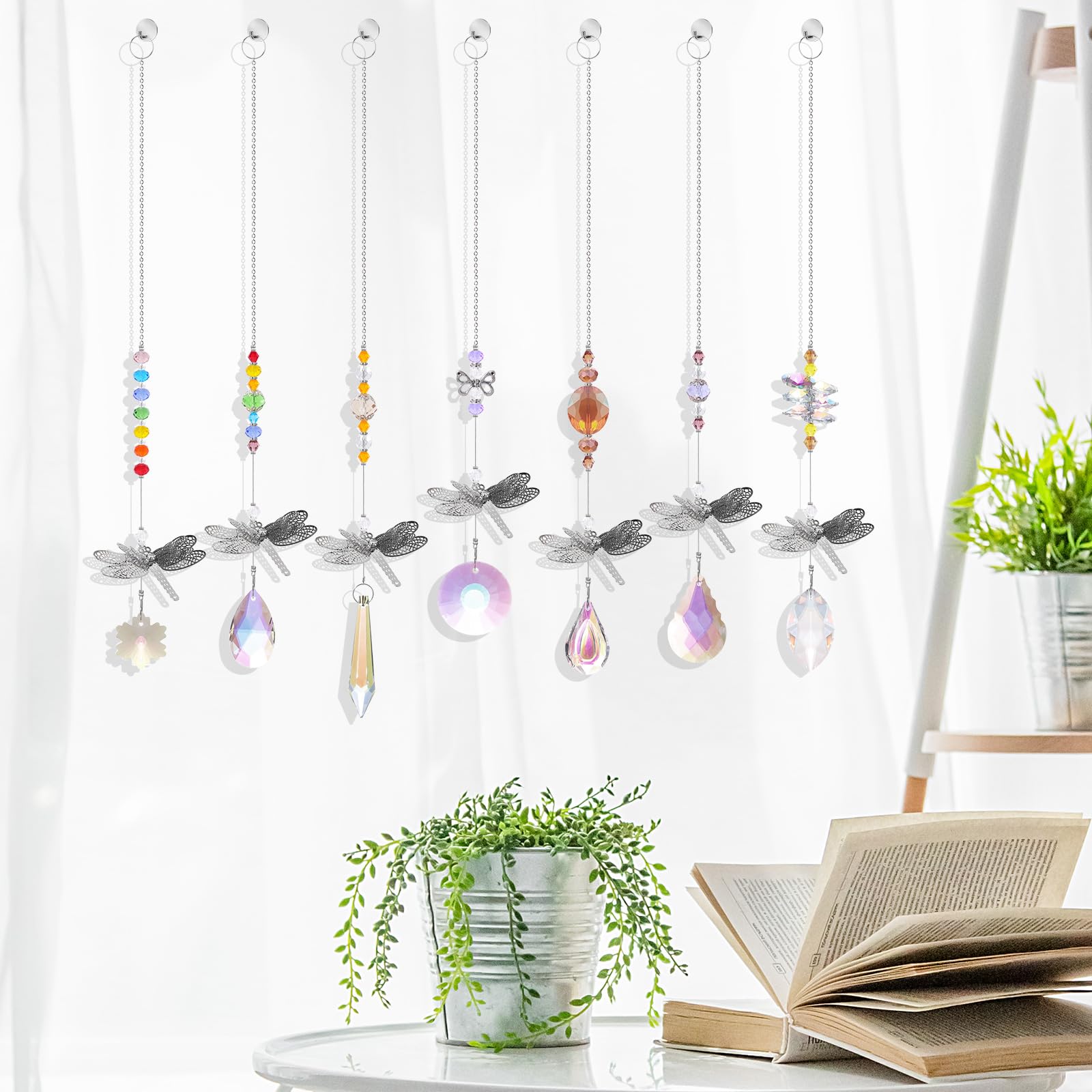 7 Pack Crystal Suncatchers Dragonfly Pendants - Rainbow Window Prisms for Wedding, Garden & Home Decor - Creates Beautiful Light Reflections for Indoor/Outdoor Spaces