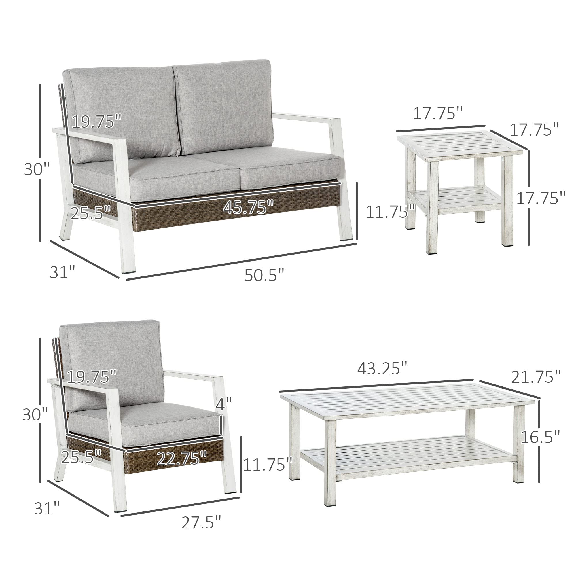 Outsunny 5-Piece Aluminum Patio Furniture Set - Modern Outdoor Conversation Set with Loveseat, 2 Chairs, Cushions, Coffee Table & Side Table - Gray - Perfect for Backyard, Garden, Poolside & Patio Relaxation