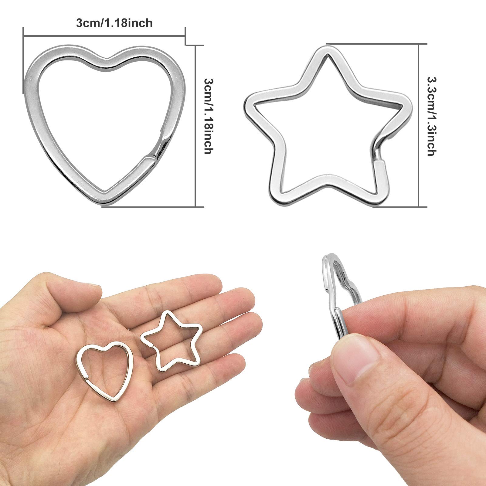 50pcs Star & Heart Shaped Metal Key Rings - DIY Keychain Bulk for Crafts, Home & Car Keys (Silver)
