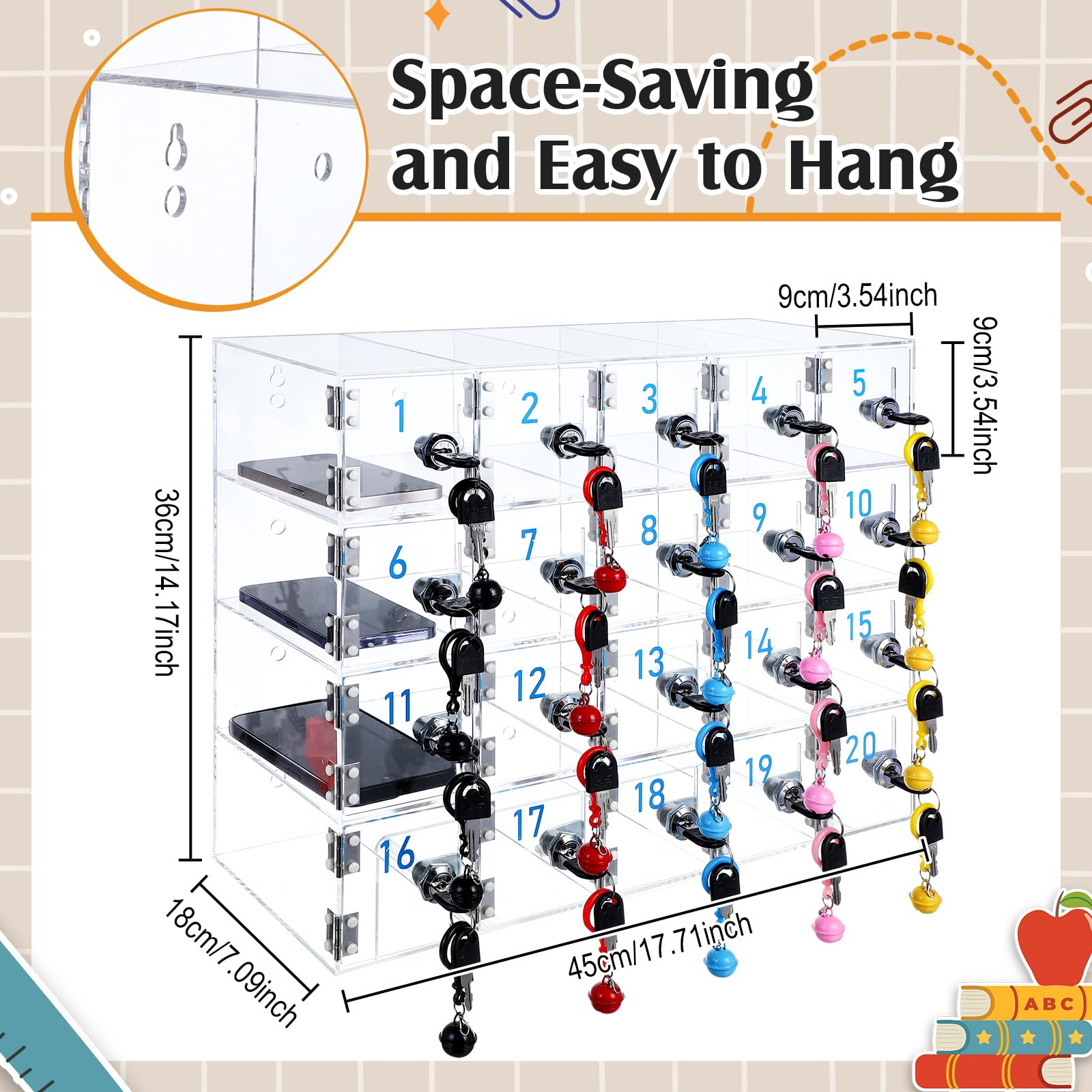 20-Slot Clear Acrylic Cell Phone Locker Cabinet with Charging Ports & Key Locks - Wall Mounted Storage for Classroom, Office, School & Factory - Secure Phone Organization Solution for Employees & Students