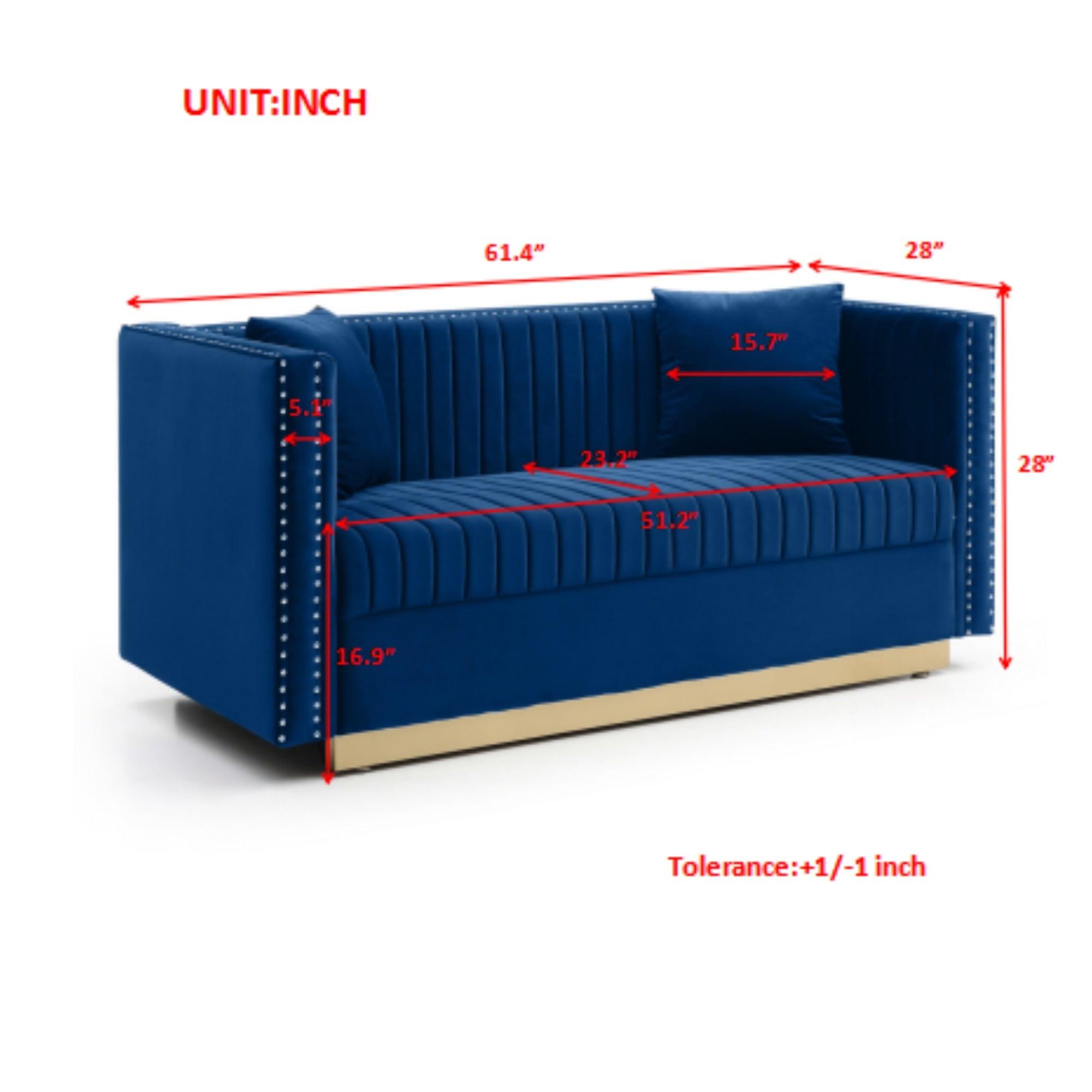Modern Vertical Channel Tufted Velvet Loveseat - 2-Seater Upholstered Sofa for Living Room & Apartment with 2 Pillows (Blue) | Perfect for Small Spaces, Cozy Lounging & Contemporary Home Decor