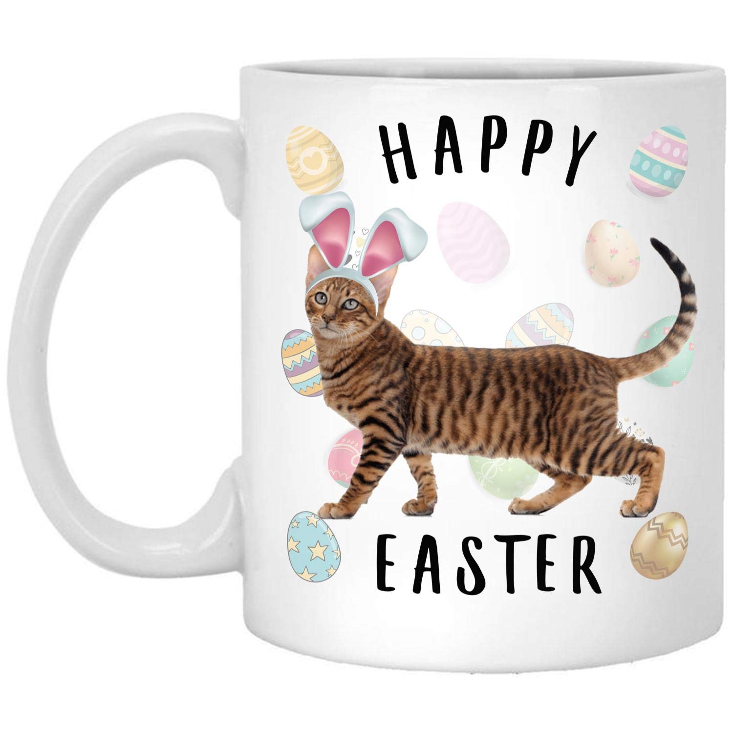 Funny Cat Coffee Mug - 11oz Ceramic Cup with Tiger Cat & Happy Easter Design - Unique Gift for Cat Lovers - Perfect for Coffee, Tea & Office Use
