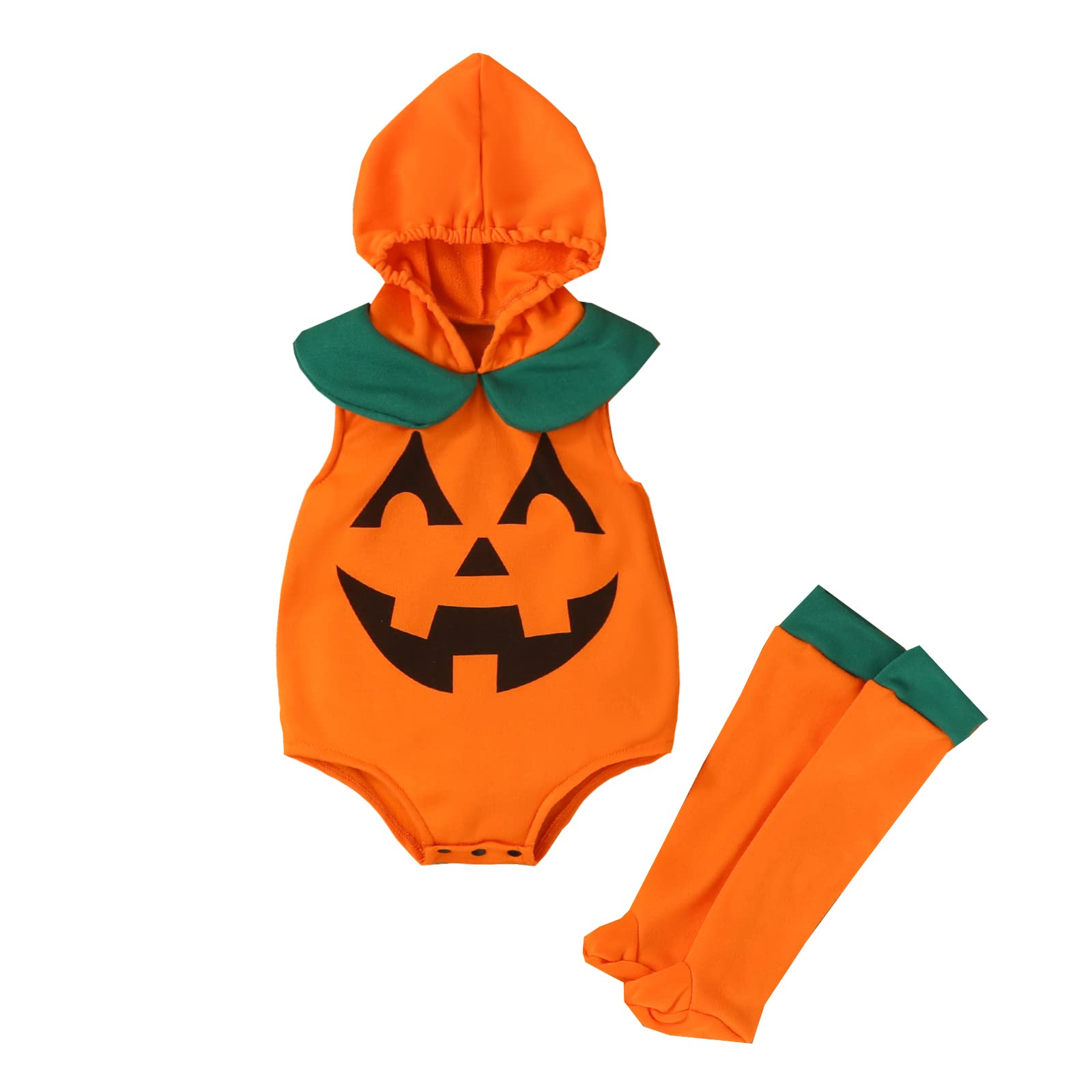 Adorable Newborn Baby Boy & Girl Halloween Pumpkin Outfit - Sleeveless Hooded Romper with Long Socks - Cute Cosplay Costume for Infants - Perfect for Halloween Parties, Photo Shoots & Dress-Up Play
