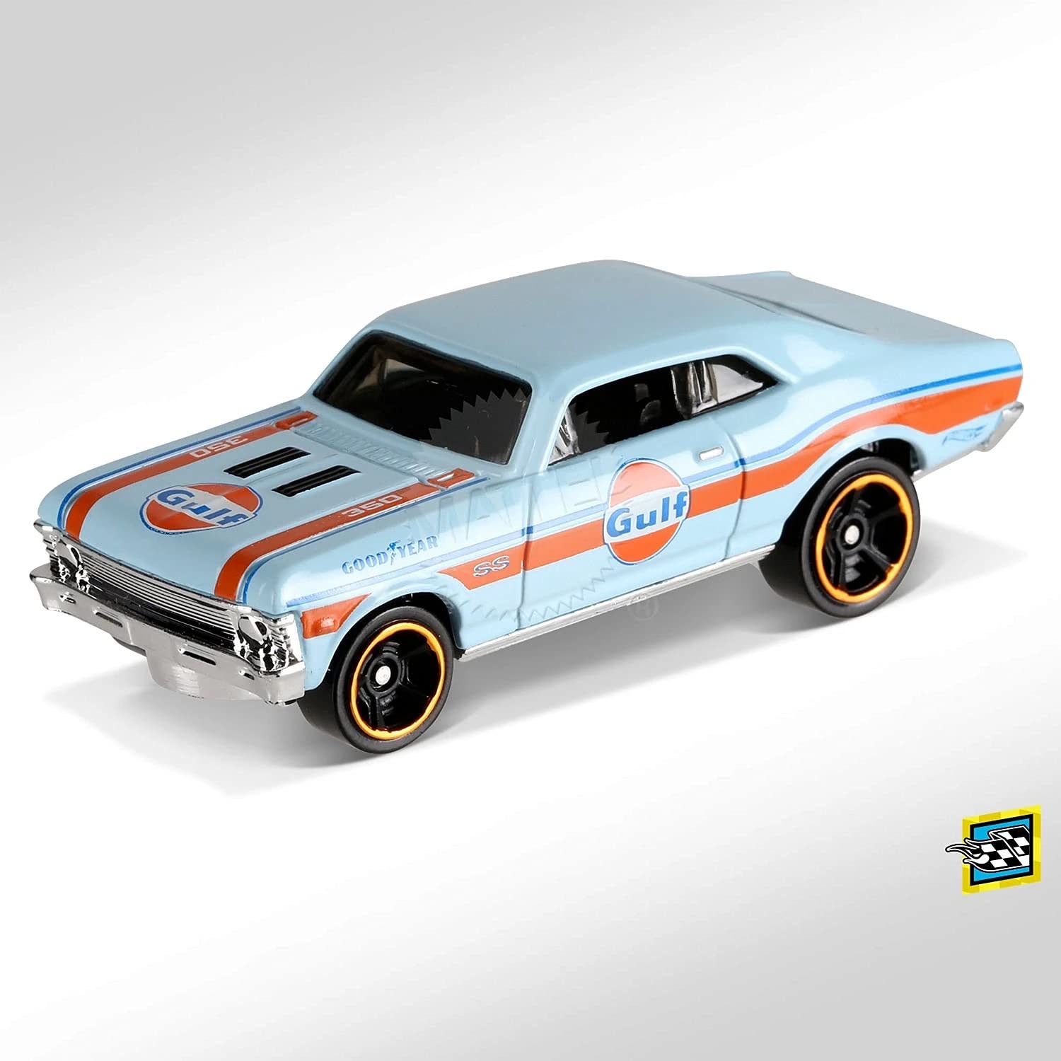 Hot Wheels HW Speed Graphics 7/10 '68 Nova White Gulf Diecast Car - Collectible Toy Cars for Kids & Adults - Perfect for Racing Games, Display Collections & Gift Giving