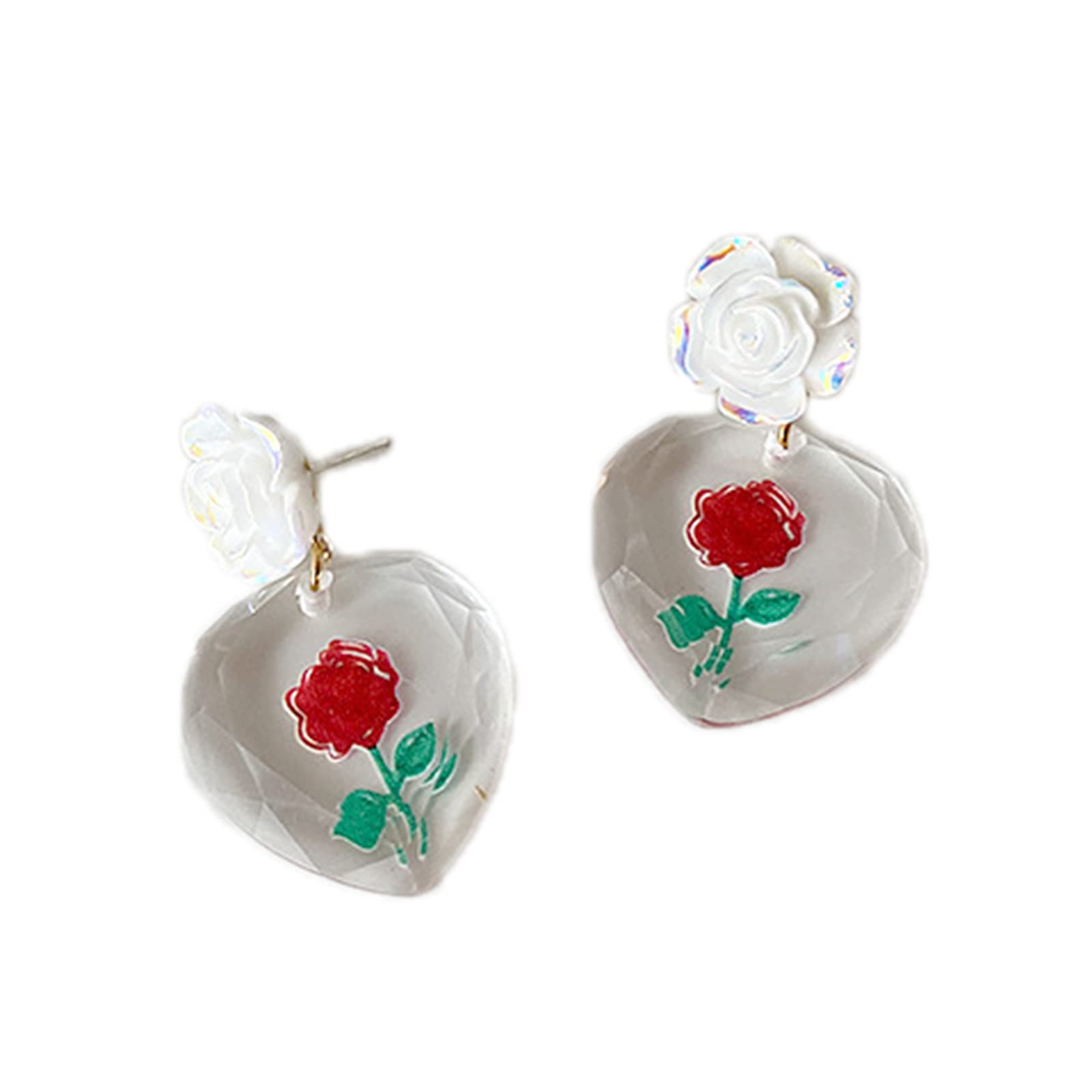 **Clear Acrylic Heart Earrings for Women & Girls - Rose Flower Drop Dangle Fashion Jewelry - Perfect for Parties, Weddings & Everyday Wear**