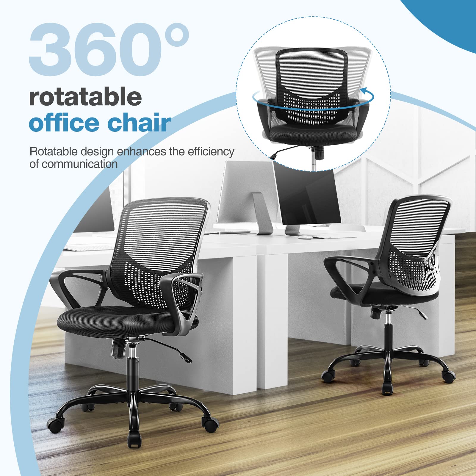 Ergonomic Home Office Chair with Lumbar Support - Adjustable Mesh Mid Back Computer Desk Chair, Swivel Rolling Task Chair with Armrests & Wheels, Black - Perfect for Long Work Hours, Gaming & Remote Work
