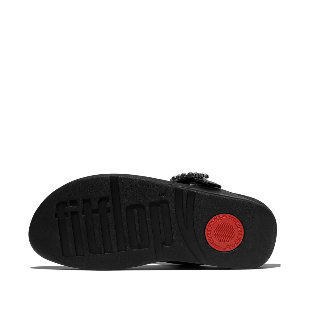 FitFlop Lulu Crystal Buckle Leather Sandals for Women - Comfortable Black Slide Sandals with Arch Support | Perfect for Beach, Vacation & Summer Outfits