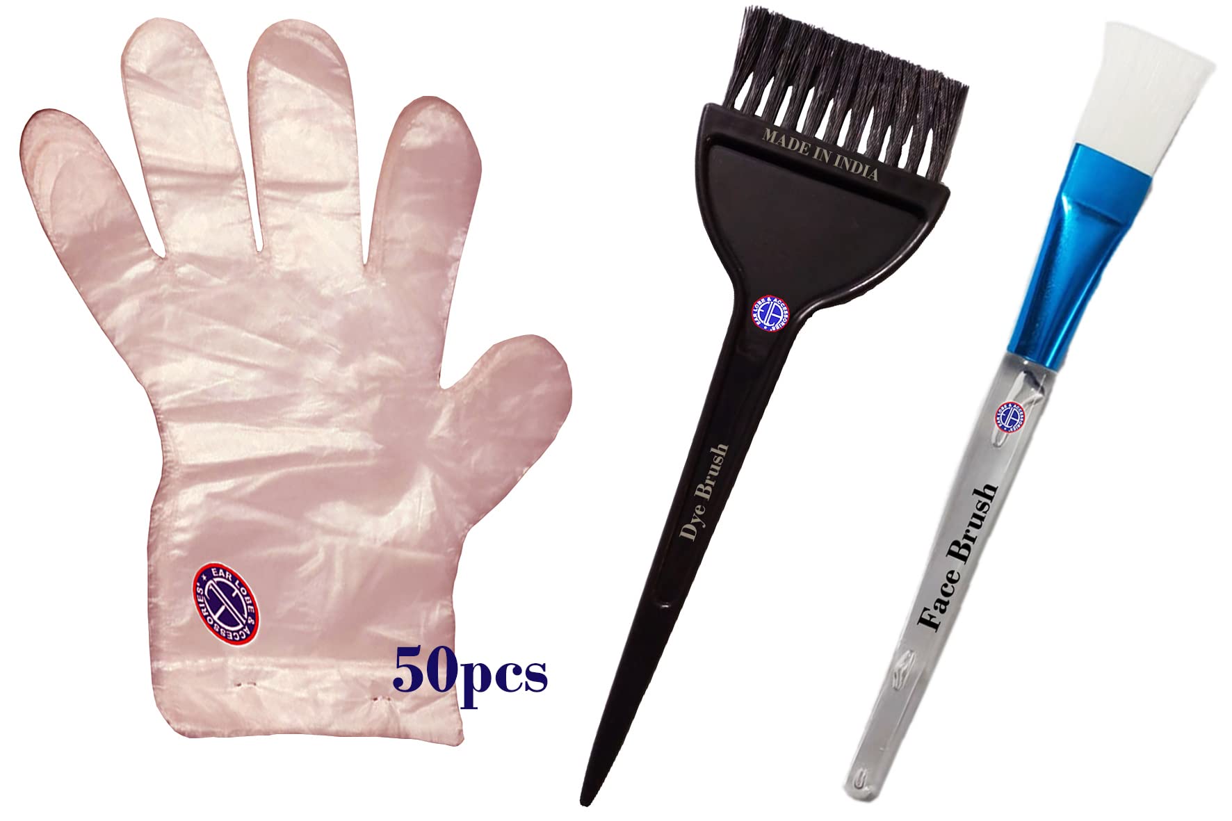 Ear Lobe & Beauty Accessories Combo Pack - 1pc Hair Dye Brush, 50pcs Disposable Gloves, 1pc Face Mask Brush | Perfect for Salon, Home Hair Coloring & Skincare Routine