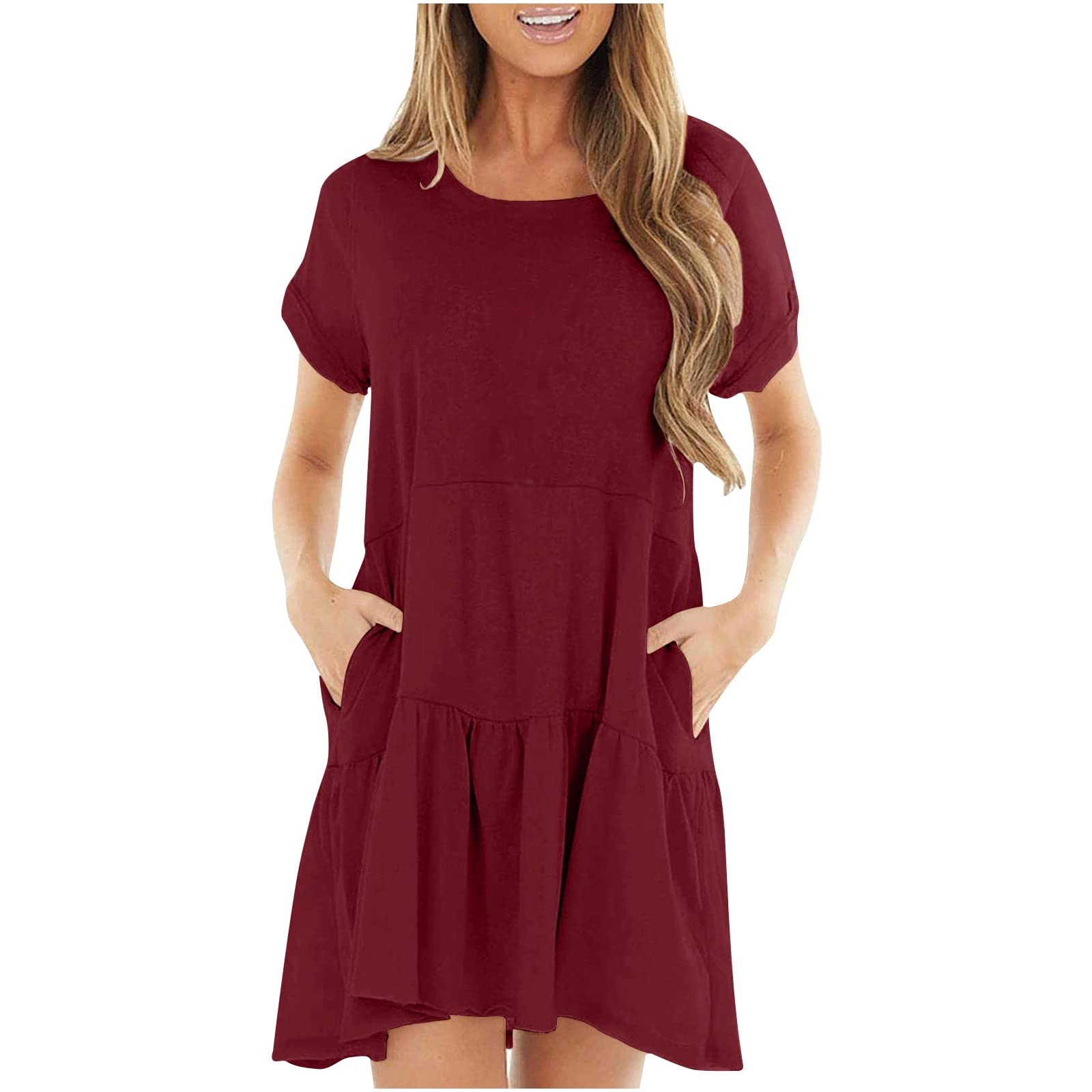Women's Summer Beach Dress - Round Neck Short Sleeve Pullover for Vacation & Outings