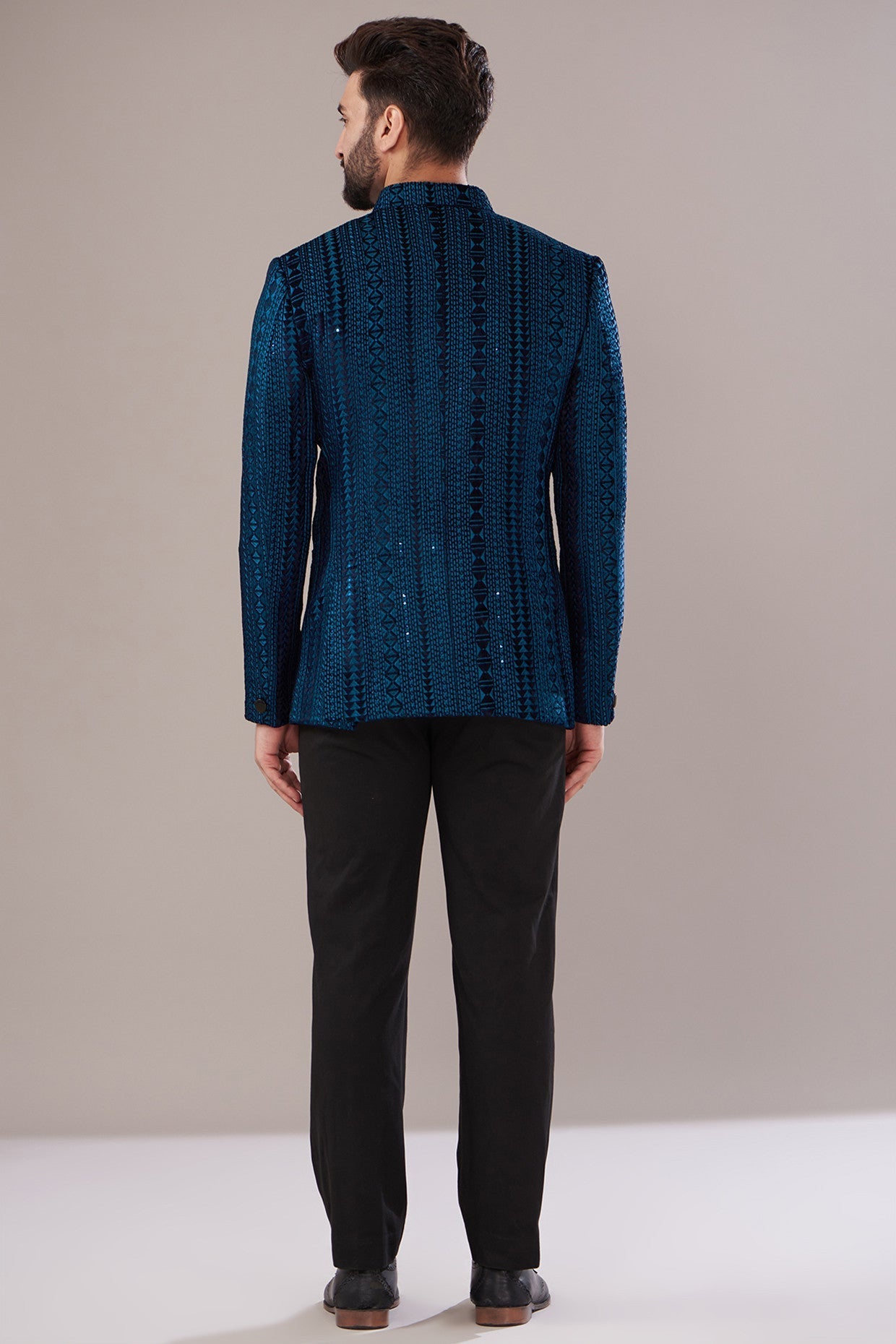 Midnight Blue Velvet Embroidered Bandhgala Jacket for Men - Elegant Indian Wedding Sherwani - Perfect for Grooms, Festivals & Special Occasions