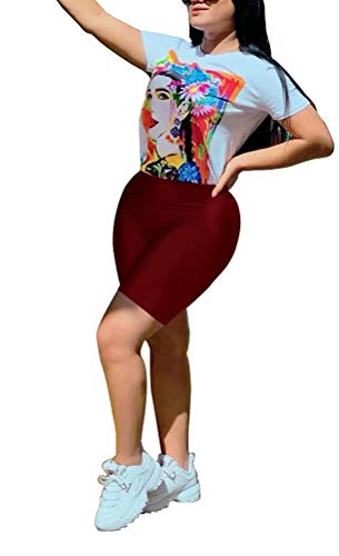 Women's Lip Print Short Sleeve Shirt & High Waist Leggings 2-Piece Tracksuit Set - Summer Beach Club Outfit for Yoga, Gym, Running and Casual Streetwear