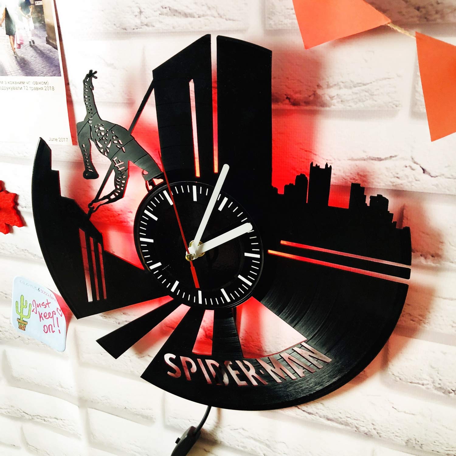 Vinyl Wall Clock with LED Backlight - Geeky Night Atmosphere Light for Living Room Decor | Creative Classic Cool Design with Time Display (Red) - Perfect for Bedrooms, Game Rooms & Man Caves