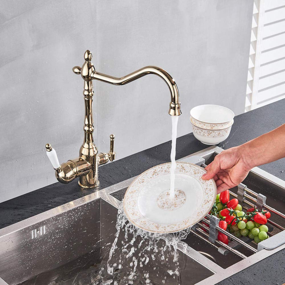 Golden Water Filter Kitchen Faucet - 2 Handle Drinking Water Faucet with Brass Swivel Spout | 3-in-1 Water Purifier Sink Faucet for Clean Drinking & Cooking | Perfect for Modern Kitchens & Home Water Filtration Systems