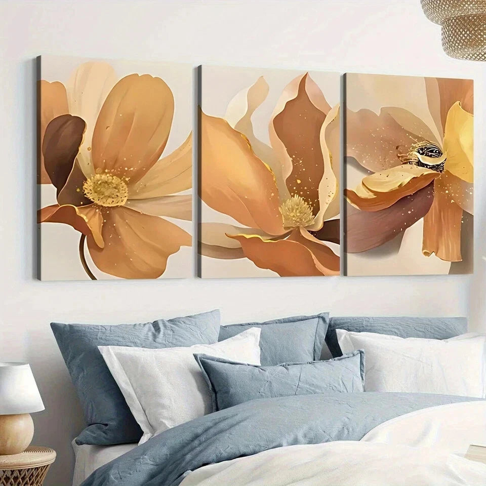 3Pcs Abstract Floral Wall Art Set - Elegant Yellow & Gold Framed Canvas Prints 50x70cm | High Quality Australian Made | Perfect for Living Room, Bedroom & Office Decor | Ready to Hang