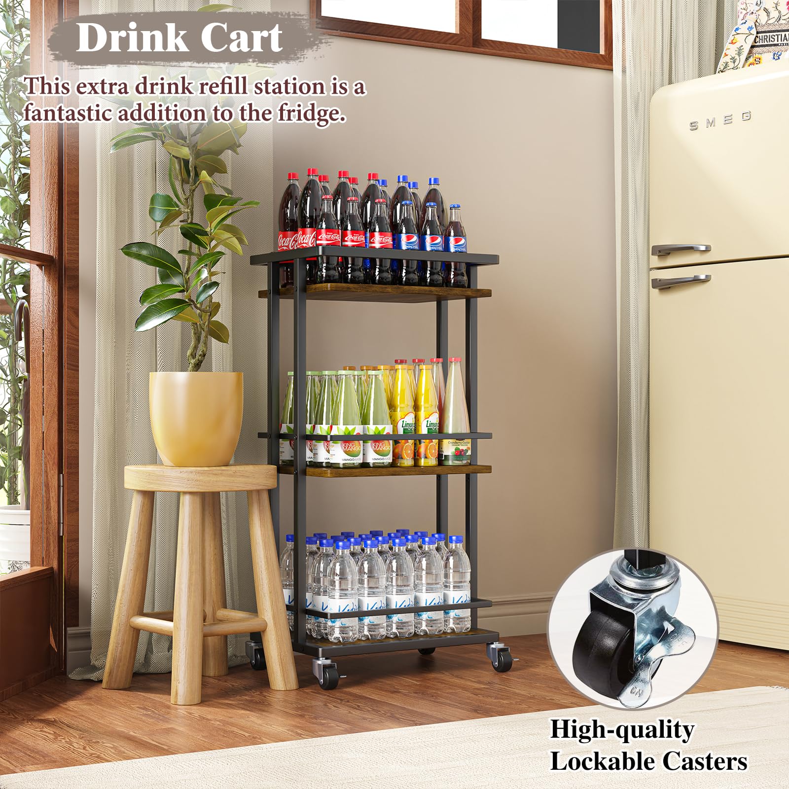 3-Tier Rolling Bar Cart with Wheels - Portable Mini Liquor Cabinet for Wine, Beverage & Coffee Storage - Kitchen Island Serving Cart for Dining Room, Living Room & Party Use - Espresso Brown Home Bar Furniture (Perfect for Entertaining, Small Space Storage & Mobile Drink Service)