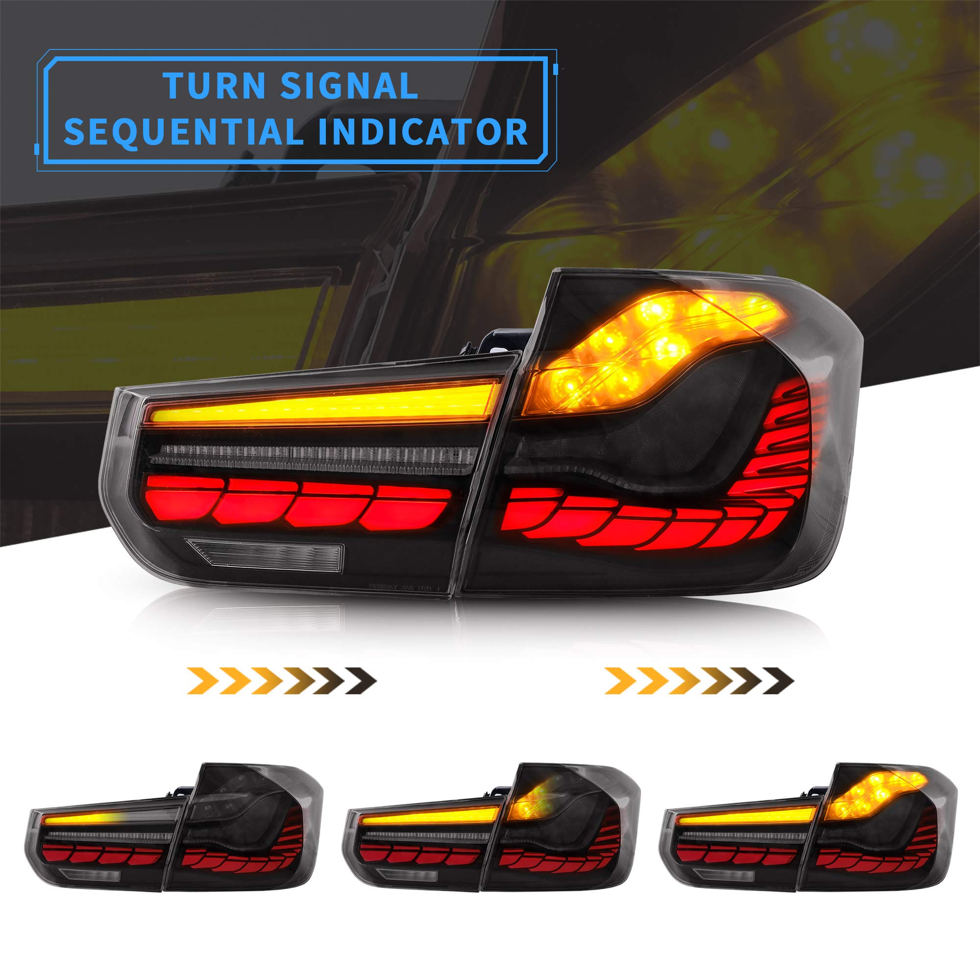VLAND OLED Tail Lights for BMW 3-Series F30 F35 F80 Sedan 2013-2018 - Smoked Lens with Amber Sequential Turn Signals & Red 3D Dynamic Animation Lighting | Premium Aftermarket Upgrade for Enhanced Night Visibility and Style