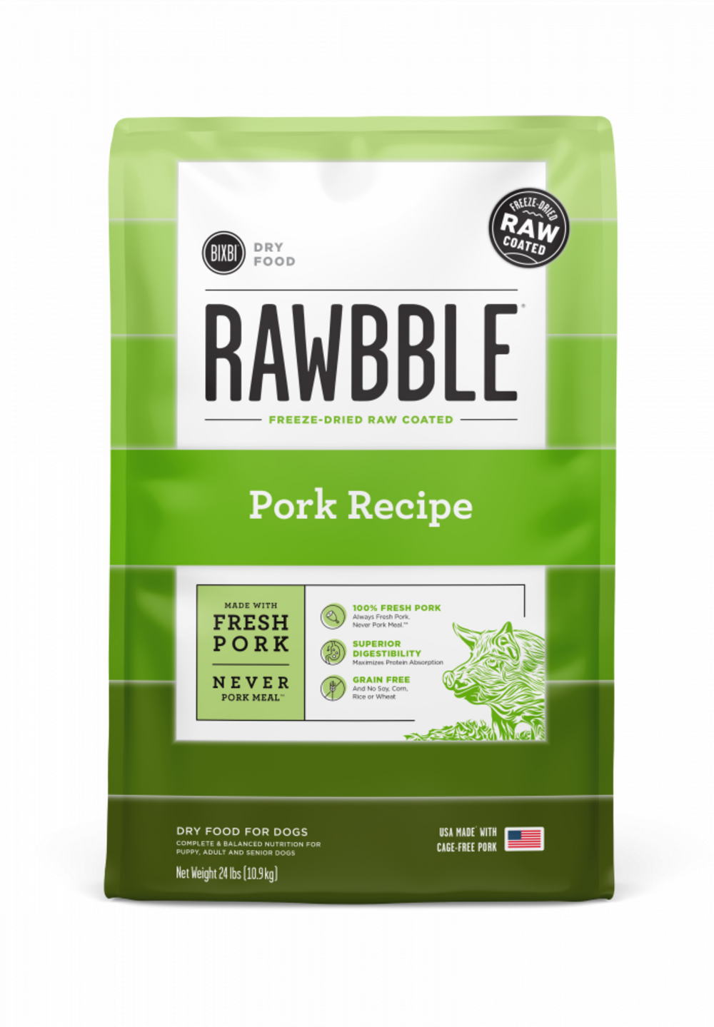 Bixbi Rawbble Grain-Free Pork Recipe Dry Dog Food - High Protein, Natural Ingredients for Adult Dogs - Perfect for Daily Meals & Training Treats