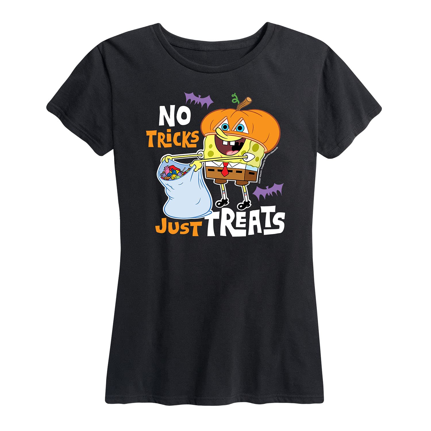 HYBRID APPAREL Women's Spongebob Squarepants 'No Tricks Just Treats' Graphic T-Shirt - Short Sleeve Casual Tee for Halloween, Cosplay & Funny Outfits