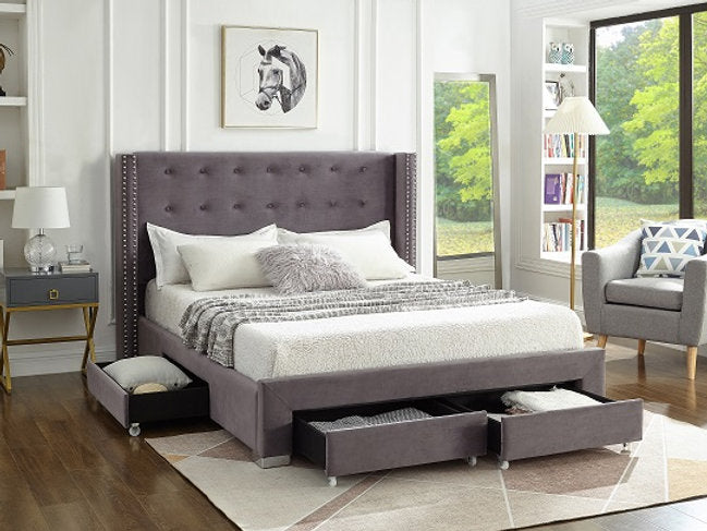 Grey Velvet Upholstered Wingback Storage Bed with Nailhead Trim - 4 Pull-Out Drawers for Bedroom Organization | Model #5320 | Perfect for Master Bedroom or Guest Room