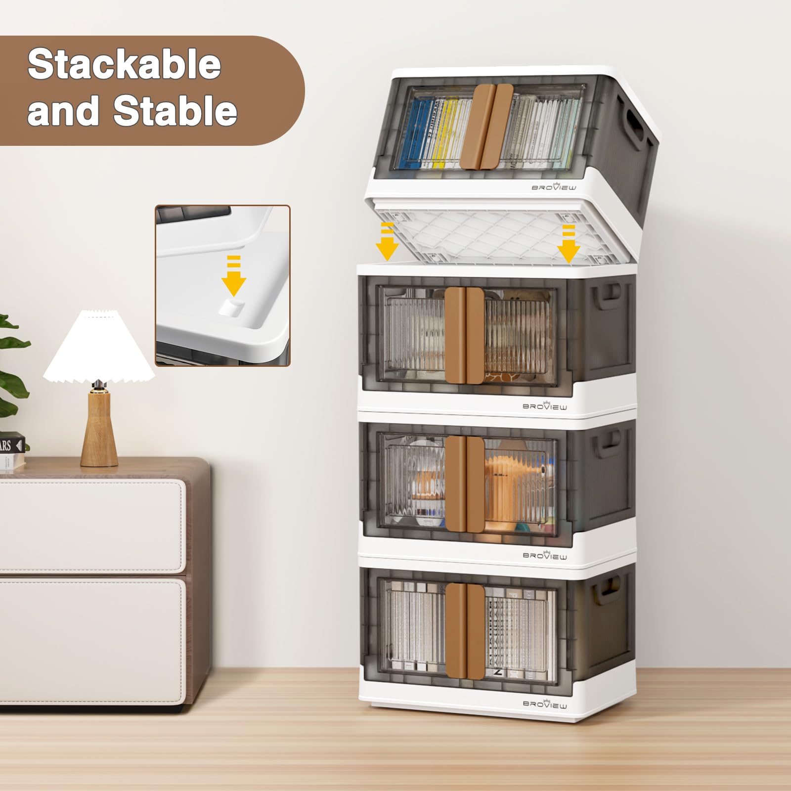 3-Pack 132QT Stackable Plastic Storage Bins with Lids & Wheels - 33 Gallon Foldable Closet Organizer Containers - Collapsible Cabinet with Doors for Home, Dorm, Office & Garage Organization (Brown, V6) - Perfect for Seasonal Clothes, Toys & Household Item Storage
