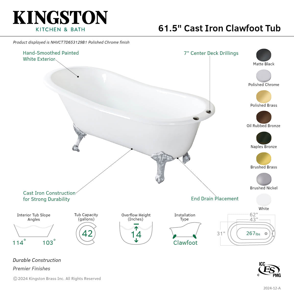 Aqua Eden 61 Inch White Cast Iron Clawfoot Bathtub with Oil Rubbed Bronze Feet - Vintage Oval Single Slipper Tub (7