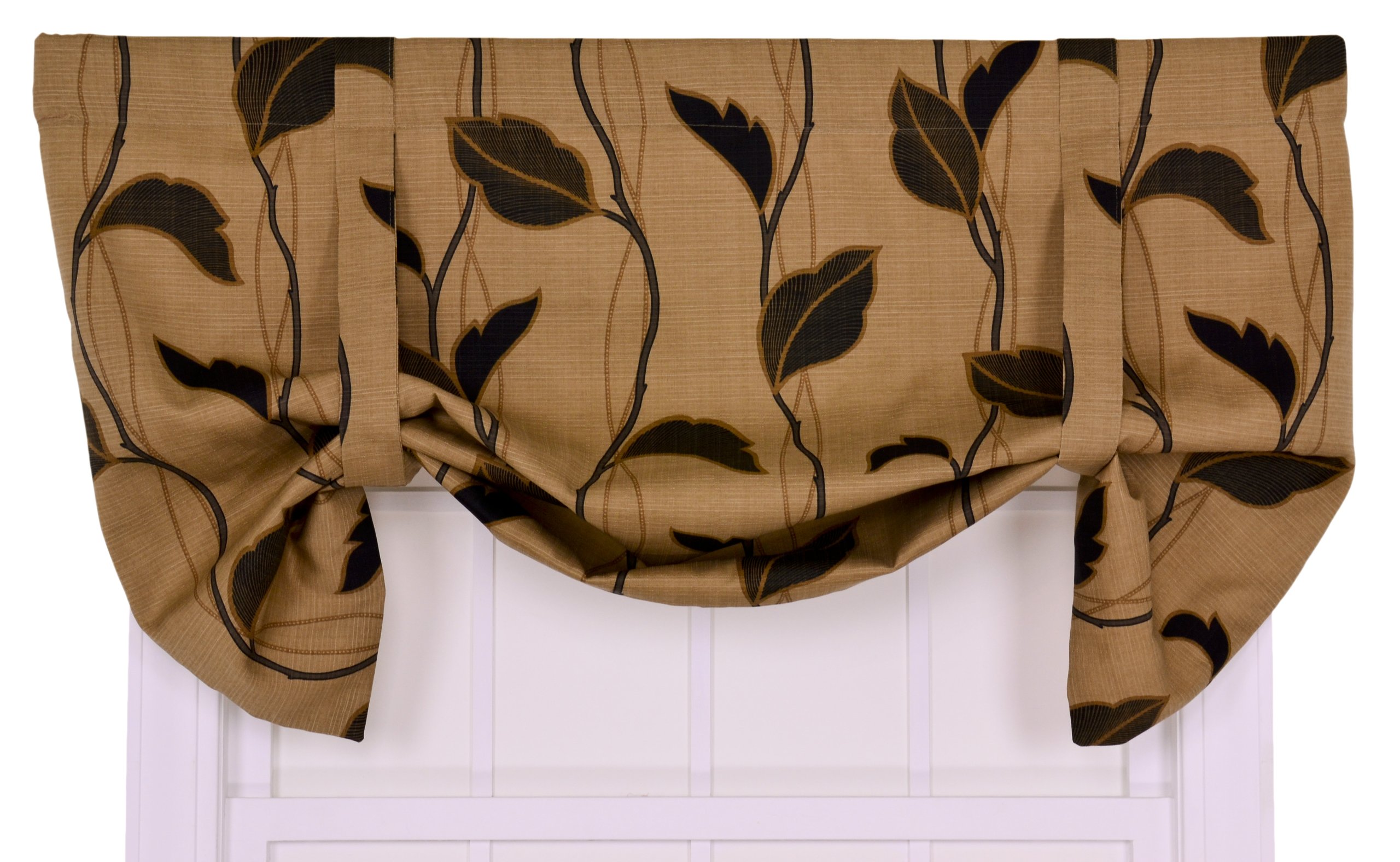 Ellis Curtain Riviera Large Scale Leaf and Vine Lined Tie-Up Valance Window Curtain in Coffee - Elegant Home Decor for Living Room, Bedroom & Kitchen Windows