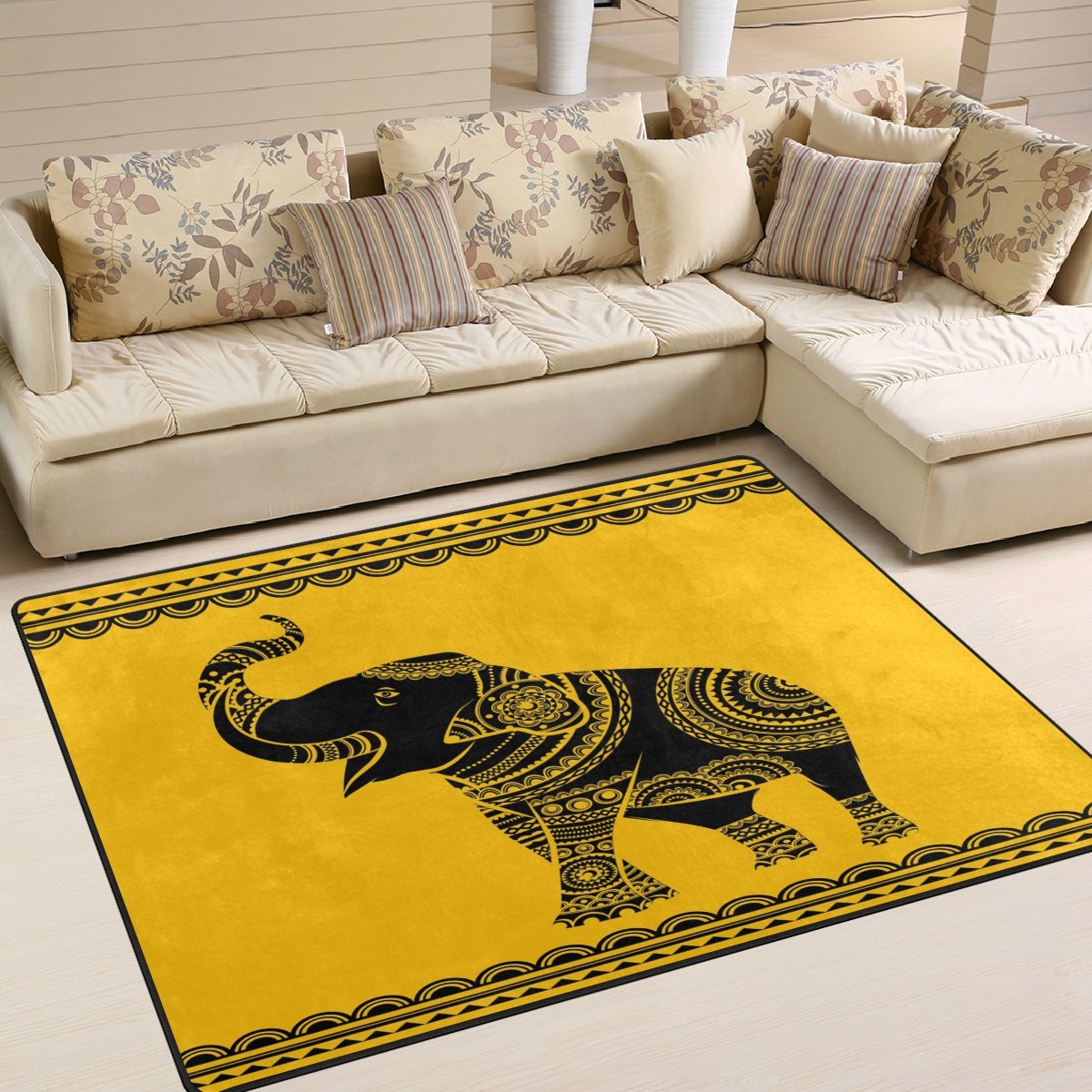 ALAZA Mandala Elephant Tribal Area Rug - 7' x 5' Bohemian Floor Carpet for Living Room, Bedroom, Dorm | Non-Slip Soft Home Decor for Yoga, Meditation & Boho Style Spaces