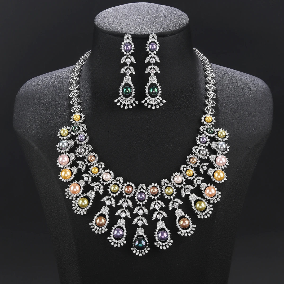 Luxury Cubic Zirconia 2-Piece Flower Pearl Necklace Set for Women - Nigeria Dubai Bridal Wedding Jewelry, Party Accessories CN11476 | Perfect for Weddings, Evening Parties, and Special Occasions