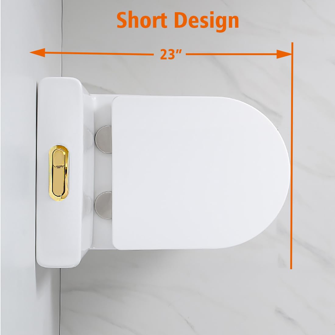 WinZo 23-Inch One Piece Toilet with 10-Inch Rough-In - Compact Space-Saving Design for Small Bathrooms - White with Golden Button - Perfect for Apartments, Tiny Homes & Powder Rooms