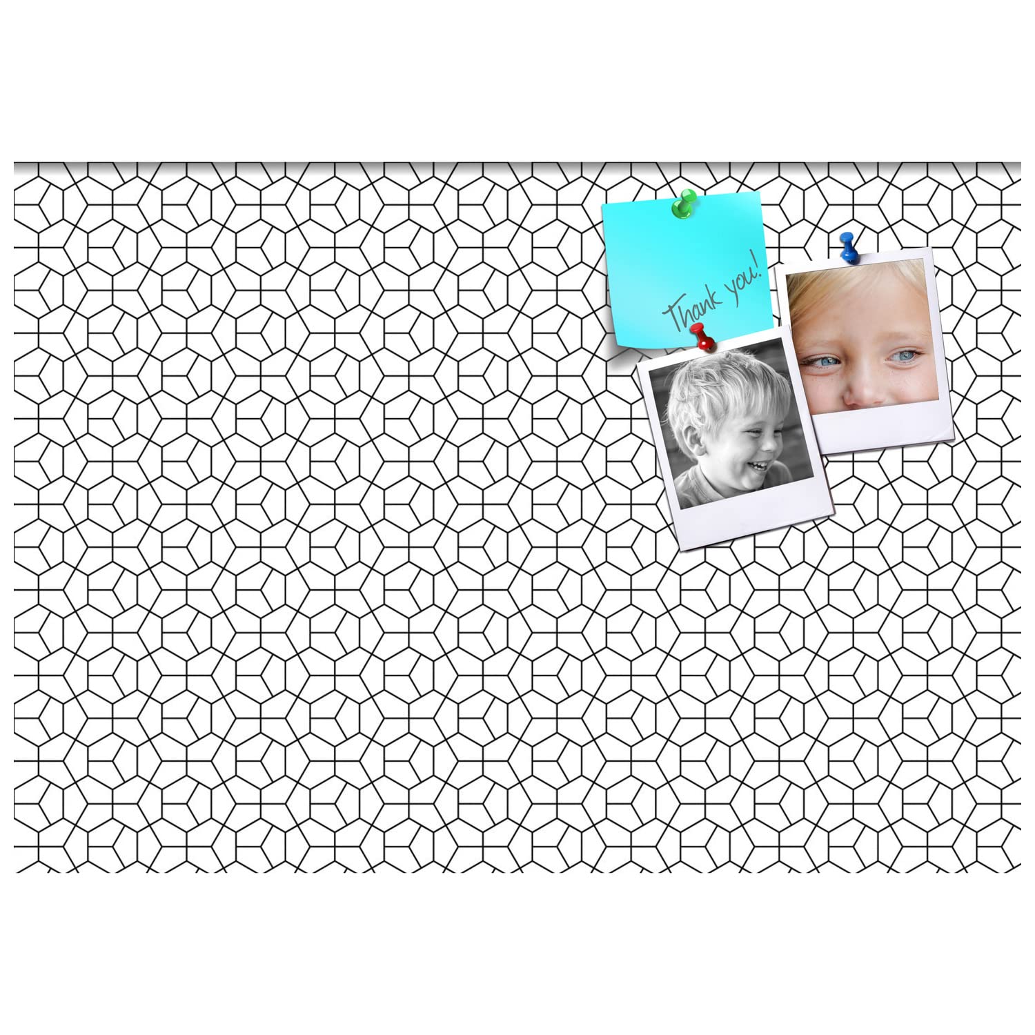 PinPix 34x24 Inch Cork Bulletin Board with Modern Hex Black Design & Satin White Frame - Stylish Wall Memo Board for Home Office Decor, School Classroom, Dorm Room Organization & Creative Inspiration
