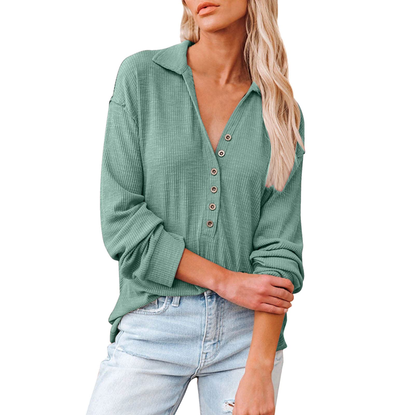 Women's Casual Long Sleeve Knit Top - Loose Lapel Button Down Shirt with Solid Color Design | Perfect for Office Wear, Weekend Outfits & Layering in Fall/Winter