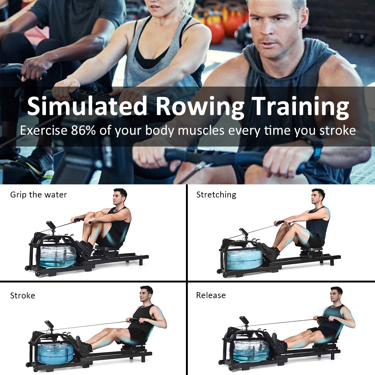 GYMAX Water Rowing Machine for Home Gym - Adjustable Resistance Rower with LCD Monitor | Portable Full Body Workout Equipment for Cardio Training | Perfect for Home Fitness, Small Spaces & Low-Impact Exercise