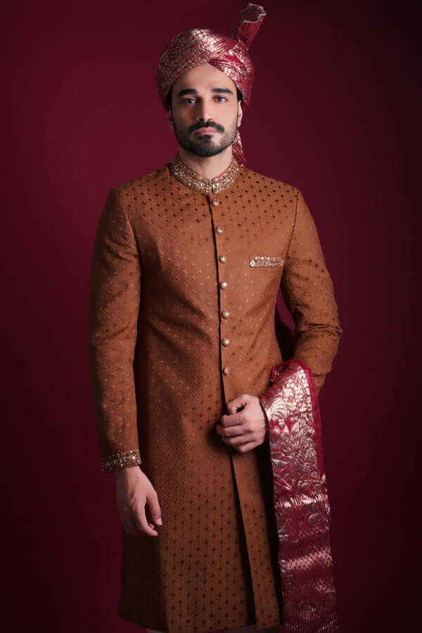 Elegant Bronze & Brown Embroidered Sherwani Set for Men | Traditional Indian Wedding Attire | Perfect for Weddings, Festivals & Special Occasions