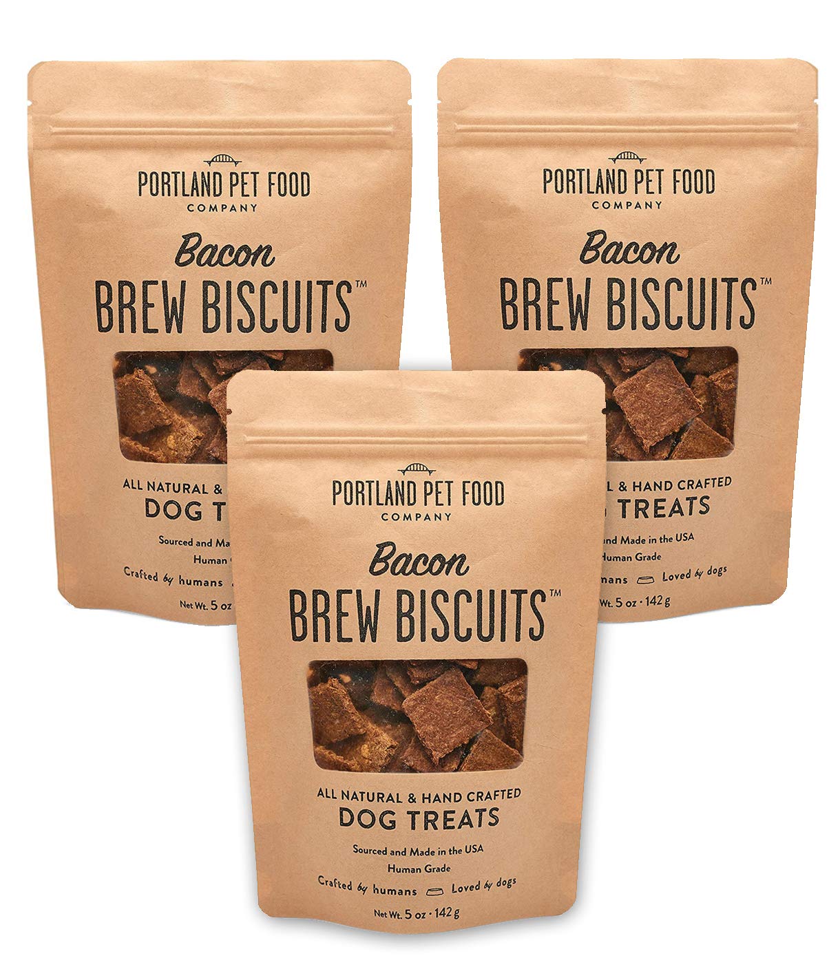 **Portland Pet Food Company Brew Biscuit Dog Treats - All Natural, Human-Grade, USA-Sourced Bacon Flavor (3-Pack, 5 oz Bags) – Healthy Snacks for Dogs – Perfect for Training, Rewards & Travel**