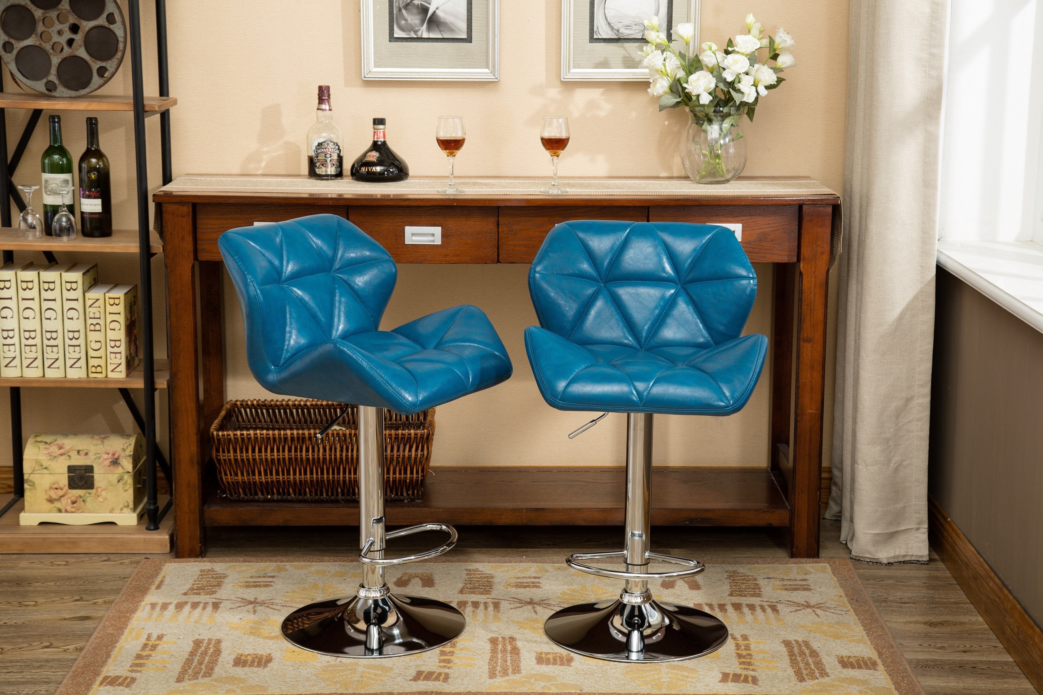 Roundhill Furniture Glasgow Contemporary Tufted Adjustable Height Hydraulic Bar Stools, Blue, Set of 2 - Perfect for Kitchen Islands, Home Bars & Modern Dining Areas