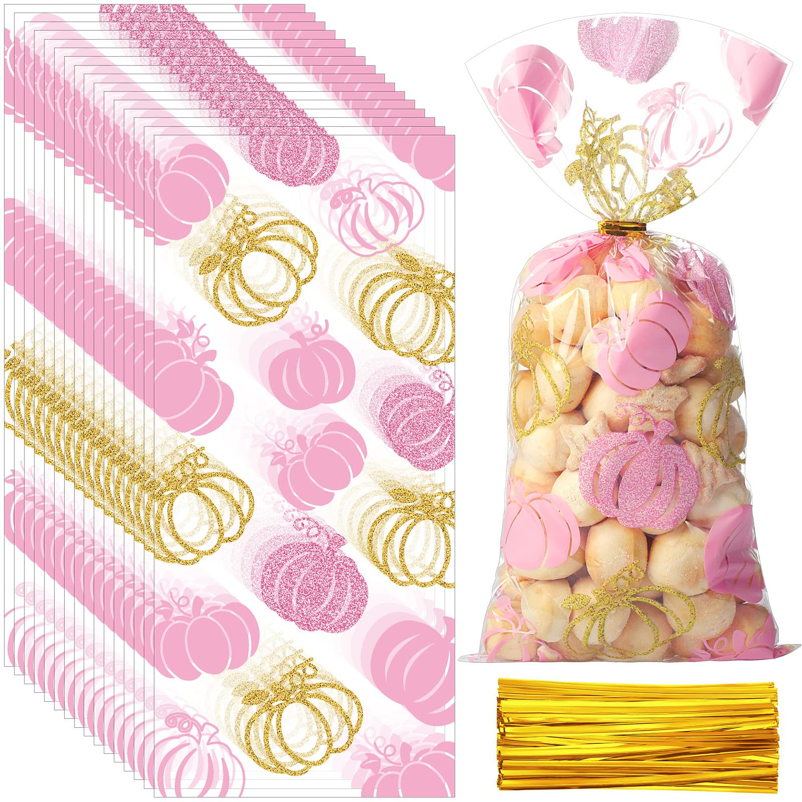 100 Pcs Halloween Pumpkin Treat Bags - Autumn Party Favor Bags with Gold Twist Ties, Fall Thanksgiving Cellophane Candy Bags for Classroom, Wedding, Baby Shower & Holiday Decorations