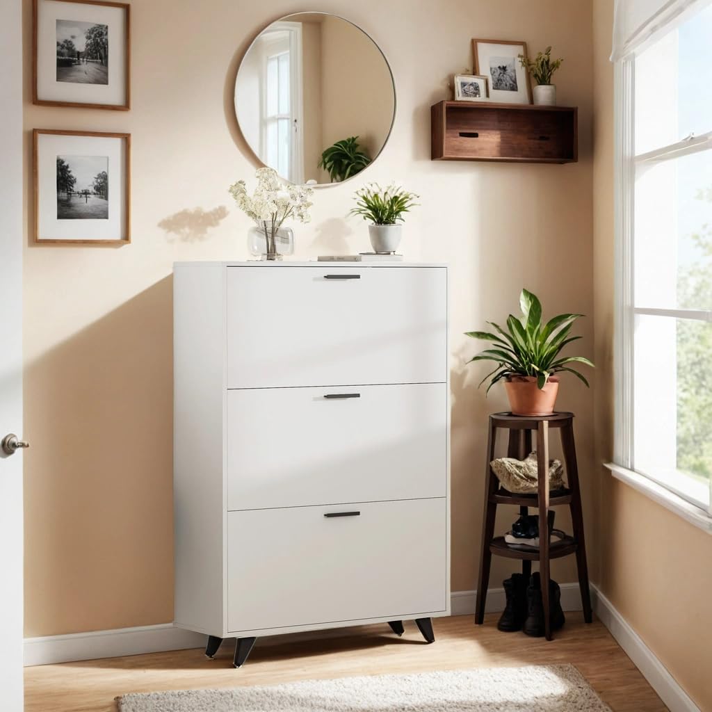 White Shoe Storage Cabinet with 3 Flip Drawers - Holds Shoes Up to Size 16, Wooden Entryway Organizer for Closet, Living Room & Bedroom - Perfect for Small Spaces & Shoe Lovers