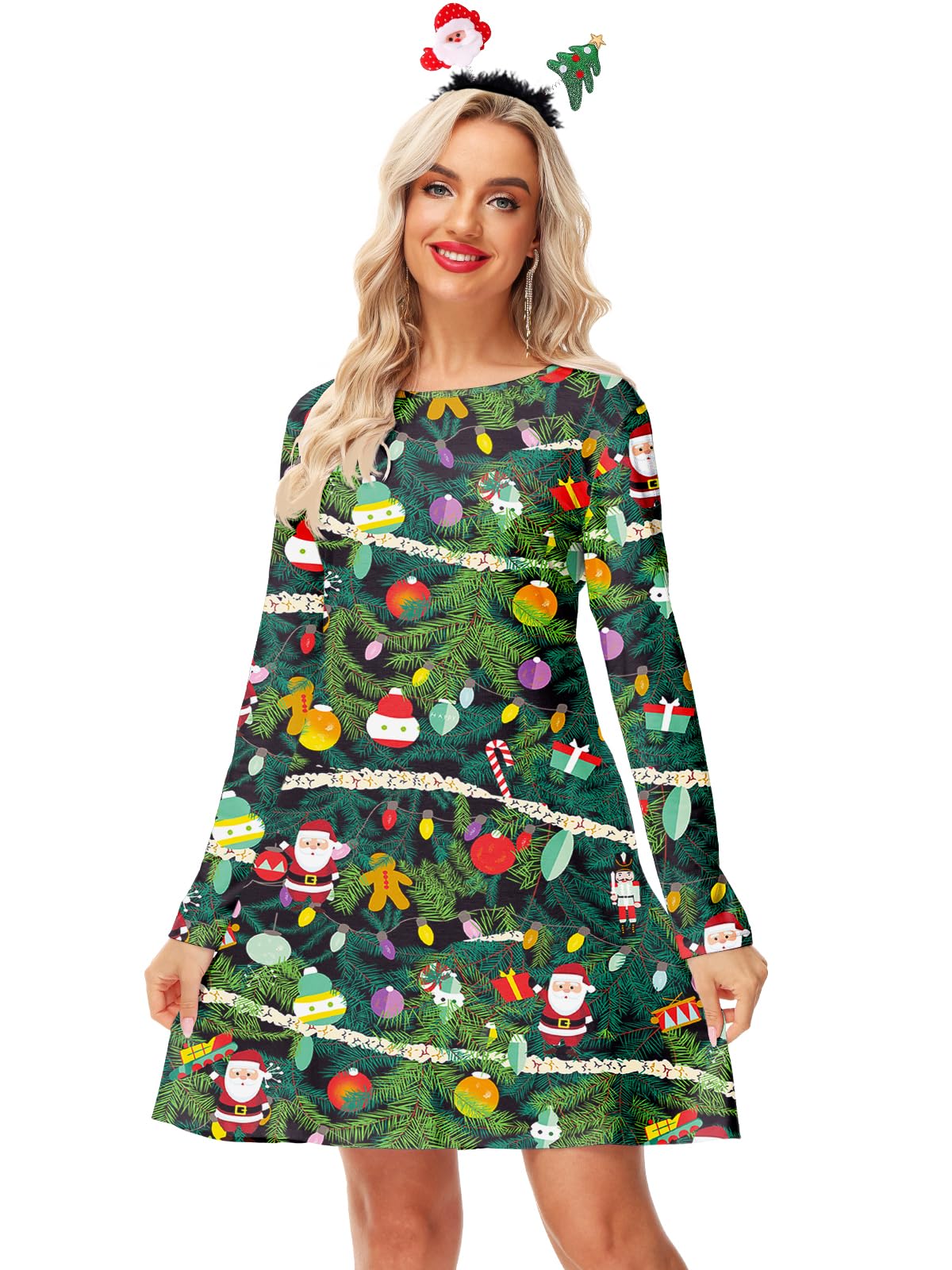 Festive Christmas Tree Print Women's Party Dress - Long Sleeve Winter Holiday Ugly Sweater Dress Size 2XL for Xmas Parties, Family Gatherings & Ugly Sweater Contests