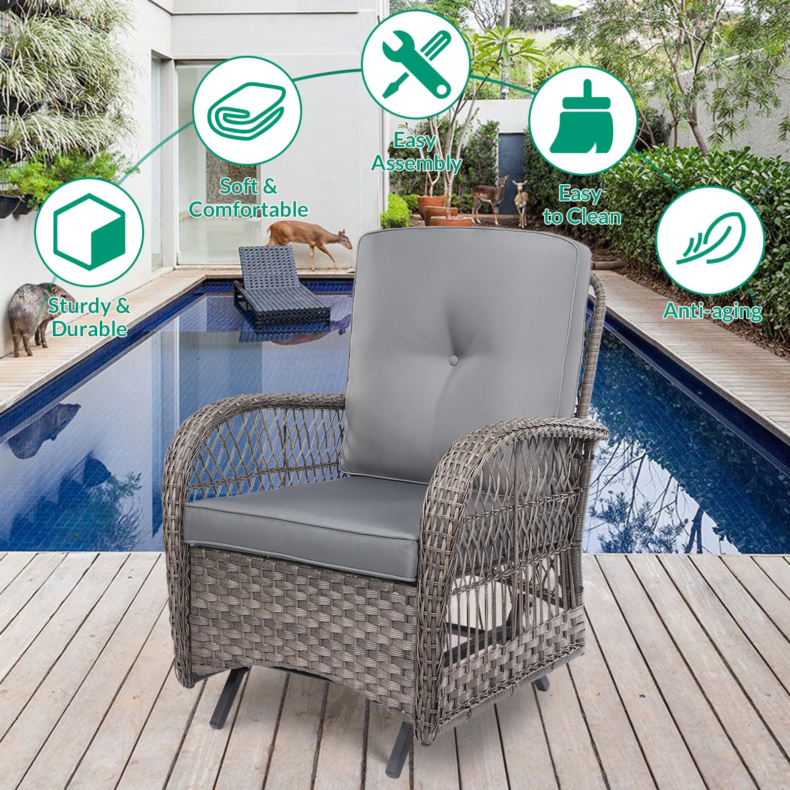 VIVIJASON 2-Piece Outdoor Wicker Glider Rocking Chair Set with Cushions - All-Weather Patio Rattan Swing Glider Chairs with Sturdy Steel Frame - Perfect for Garden, Backyard, Porch & Poolside Relaxation (Grey)