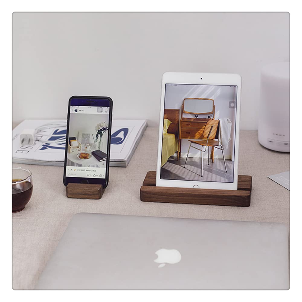 GISELA D Upgraded Double Slot Wooden Phone Stand - Portable Desktop Tablet Holder for iPhone, Samsung, iPad (Walnut, 2Pcs) | Perfect for Office, Home, Video Calls & Hands-Free Viewing