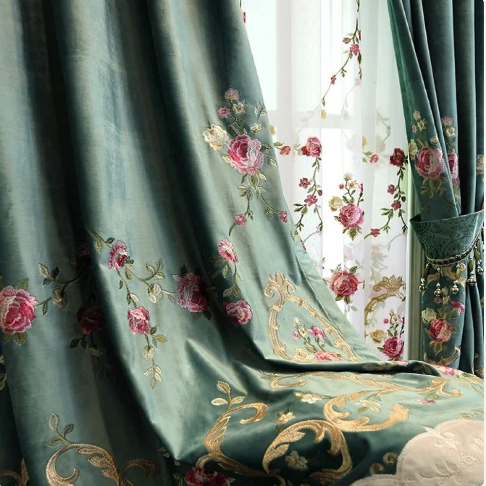 Luxury Green Velvet Embroidered Curtains - Premium Home Décor for Living Room & Bedroom - Elegant Window Treatments for Modern Interiors