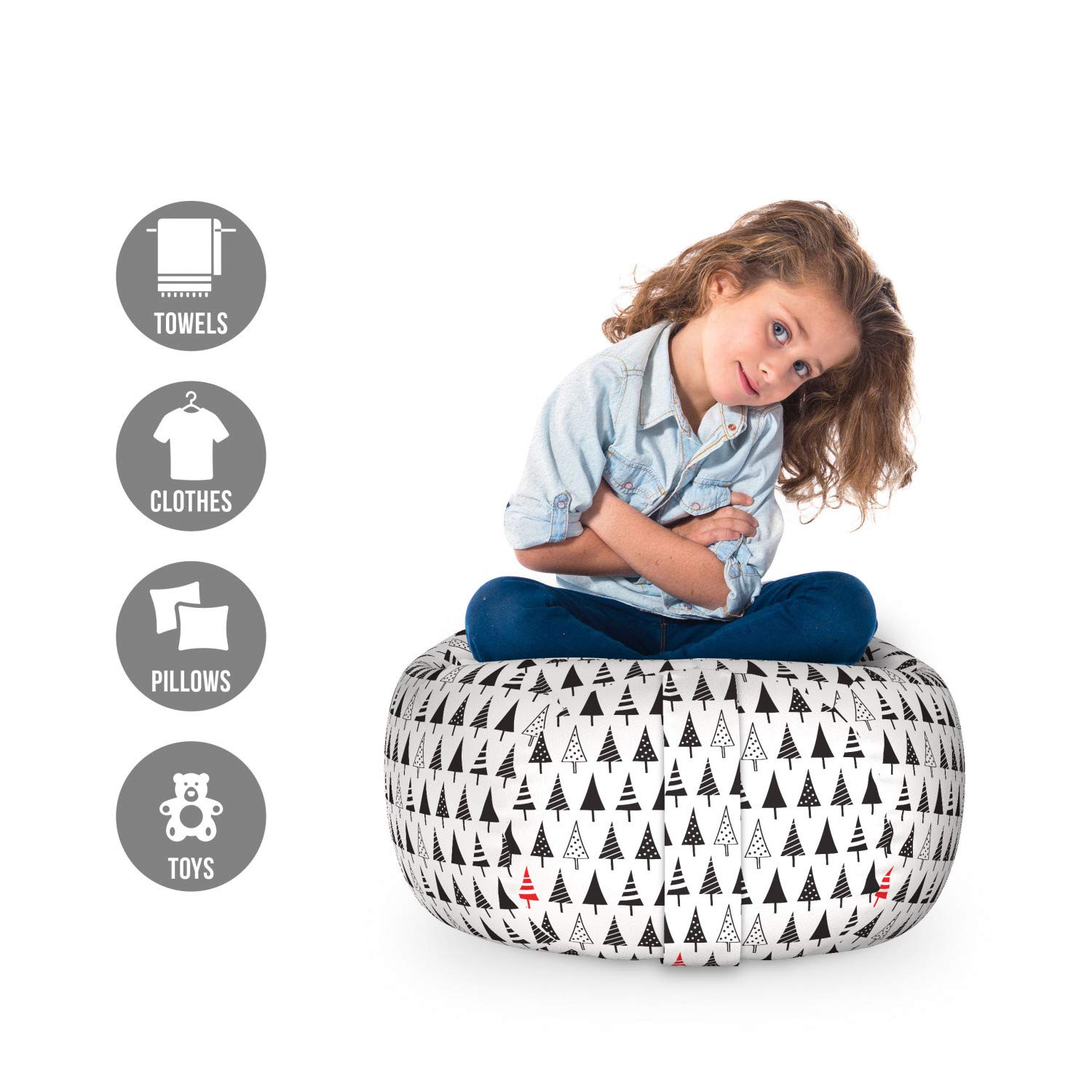 Ambesonne Christmas Storage Toy Bag Chair - Washable Stuffed Animal Organizer with Sharp Triangle Winter Tree & Striped Dotted Patterns, Small Size Charcoal Grey Vermilion - Perfect for Holiday Decor, Kids Room Organization & Seasonal Storage