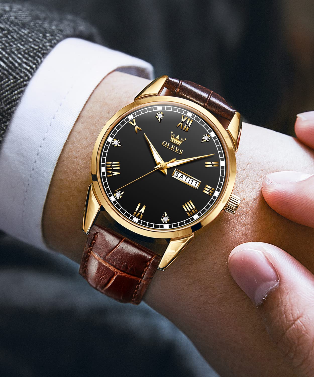 OLEVS Men's Brown Leather Watch - Rose Gold Quartz, Waterproof & Luminous for Dress & Daily Use