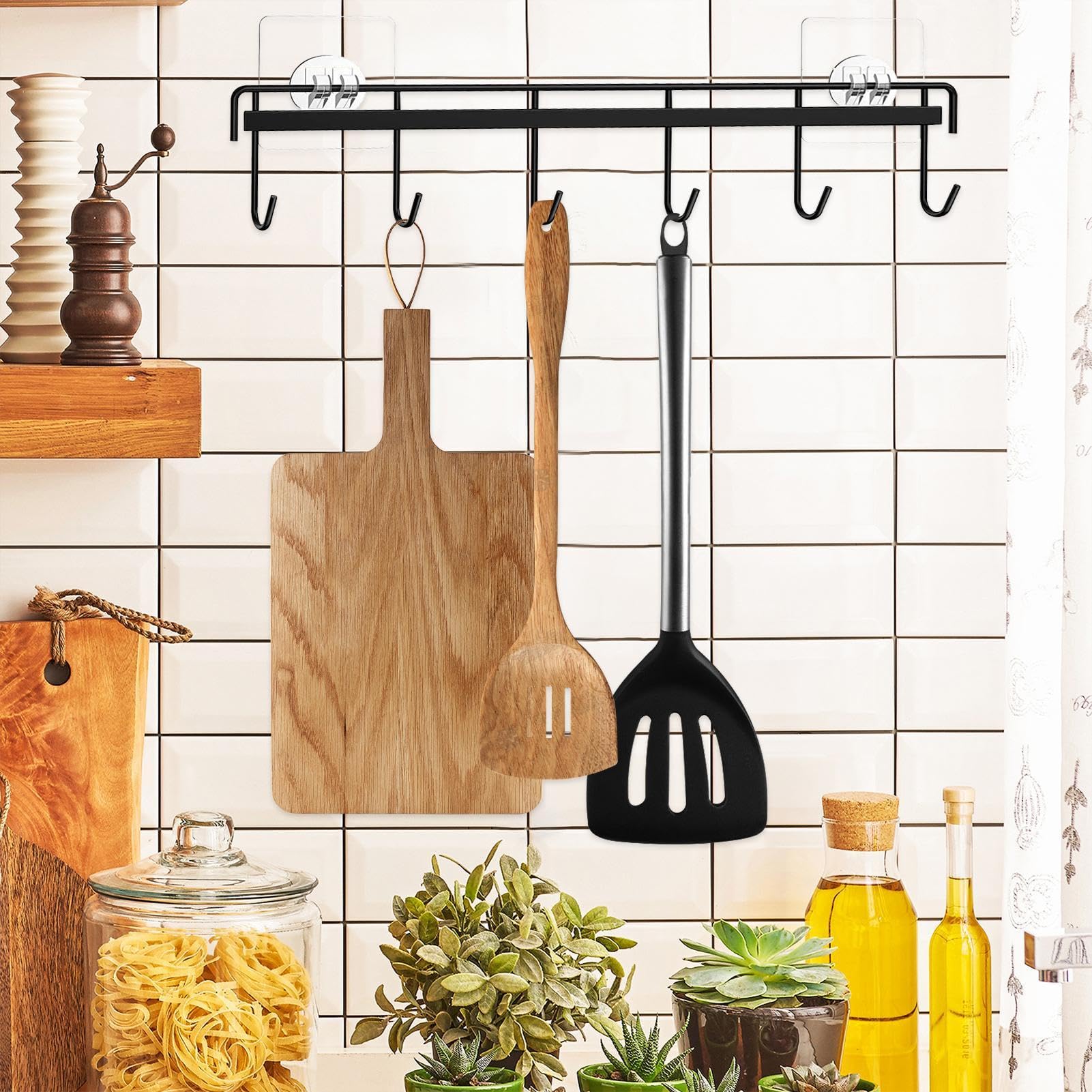 Strong Adhesive Wall Hooks Rack - No Drill Kitchen Utensil Holder with 6 Hooks - Space Saving Wall Mounted Organizer for Spoons, Knives, Towels - Perfect for Small Kitchens, Dorms, RVs & Bathrooms