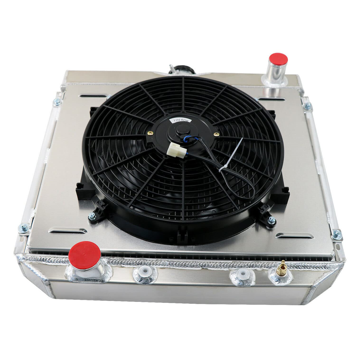 ALLOYWORKS 3 Row All Aluminum Radiator with Shroud Fan & Relay Kit - Compatible with 1969-1970 Ford Mustang, 1967-1977 Maverick (L6/V8 AT) - High Performance Cooling for Classic Car Restoration & Hot Rod Builds